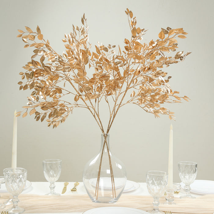 4 Pack Gold Metallic Artificial Leaf Sprays 33inch Italian Ruscus Branches Plastic Greenery Decor