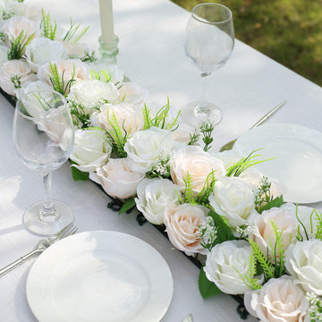 6 Pack Cream Ivory Silk Rose Flower Panel Table Runner, Artificial Floral Arrangements Wedding Table Centerpiece - 20"x8"