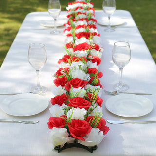 Captivating Red Ivory Silk Rose Flower Panel Table Runner