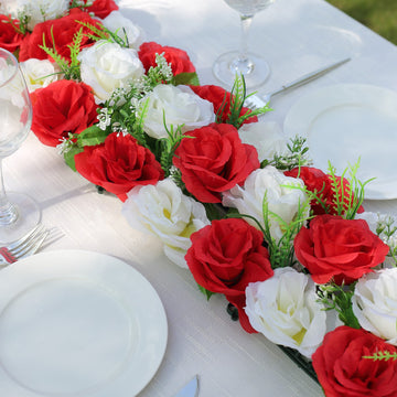 6 Pack Red Ivory Silk Rose Flower Panel Table Runner, Artificial Floral Arrangements Wedding Table Centerpiece - 20"x8"