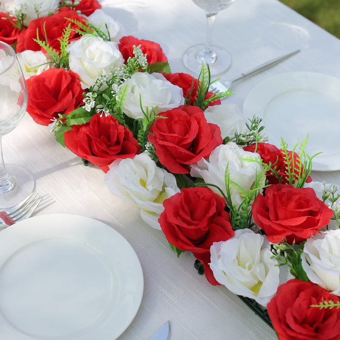 6 Pack Red Ivory Silk Rose Flower Panel Table Runner, Artificial Floral Arrangements