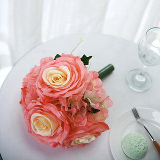 Versatile and Long-Lasting Coral Artificial Silk Rose and Hydrangea Mix Flower Bouquets