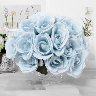 Create Unforgettable Memories with Ice Blue Artificial Velvet-Like Fabric Rose Flower Bouquet Bush