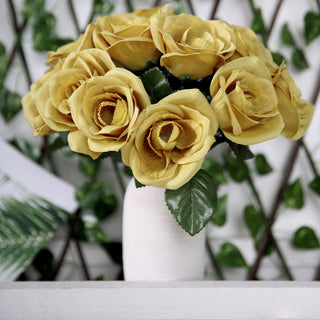 Add Elegance to Your Event with the 12" Gold Artificial Velvet-Like Fabric Rose Flower Bouquet Bush