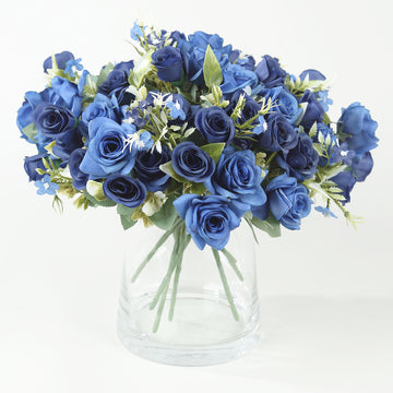 4 Bushes 12" Navy Blue Real Touch Artificial Silk Rose Flower Bouquet, Faux Bridal Flowers