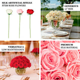 Silk artificial single stem rose flowers in red, white, and pink.
