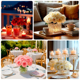 Elegant floral arrangements with candles in various settings.