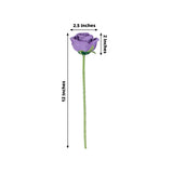 Purple artificial rose with measurements, 12 inches tall, 2.5 inches wide.