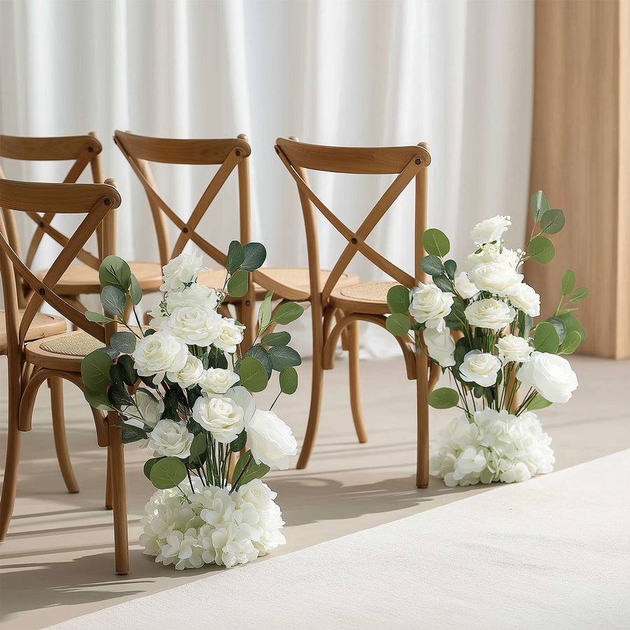 4-Pack White Artificial Flower Arrangements – 20" Roses, Hydrangeas & Eucalyptus, Free-Standing with Foam Base for Wedding Aisle Décor