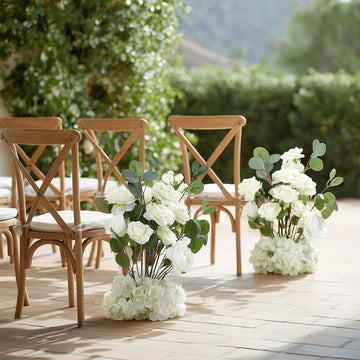 4-Pack White Artificial Flower Arrangements – 20" Roses, Hydrangeas & Eucalyptus, Free-Standing with Foam Base for Wedding Aisle Décor