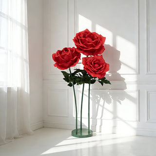 Large red roses in a vase casting shadows in a bright room.