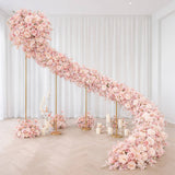 Elegant pink floral staircase installation in a bright white room