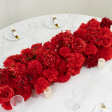 Pre-Arranged Silk Flower Table Runner 40x16inch Mixed Red – Roses, Hydrangeas, Chrysanthemums
