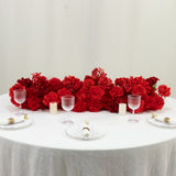 Pre-Arranged Silk Flower Table Runner 40x16inch Mixed Red – Roses, Hydrangeas, Chrysanthemums