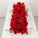 Pre-Arranged Silk Flower Table Runner 40x16inch Mixed Red – Roses, Hydrangeas, Chrysanthemums