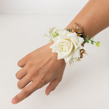 2 Pack White Artificial Rose Wrist Corsages With Pearls, 4" Flower Bracelet Wedding Accessories