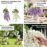 Artificial wisteria vine hanging plants, purple and white silk flowers, lush decor