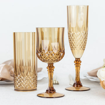 6 Pack | 8oz Amber Gold Crystal Cut Reusable Plastic Cocktail Goblets, Shatterproof Wine Glasses