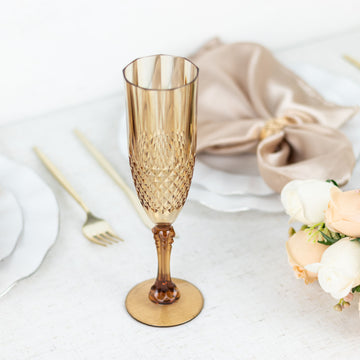 6 Pack 8oz Amber Gold Crystal Cut Reusable Plastic Wedding Flute Glasses, Shatterproof Champagne Toast Glasses