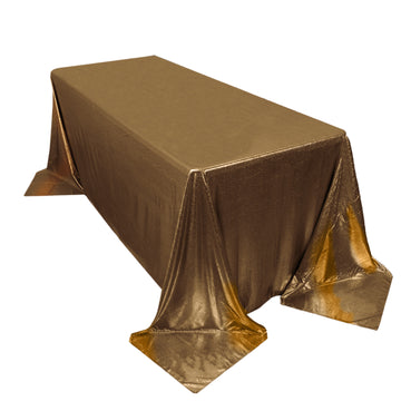 90"x132" Antique Gold Shimmer Sequin Dots Polyester Tablecloth, Wrinkle Free Sparkle Glitter Table Cover for 6 Foot Table With Floor-Length Drop
