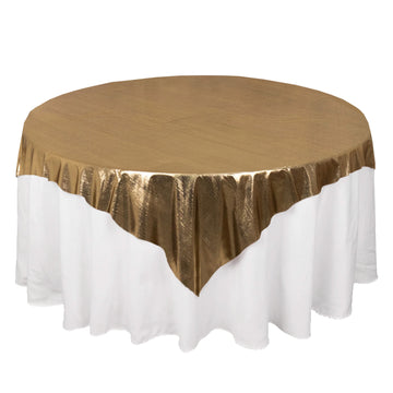 72"x72" Antique Gold Shimmer Sequin Dots Square Polyester Table Overlay, Wrinkle Free Sparkle Glitter Table Topper