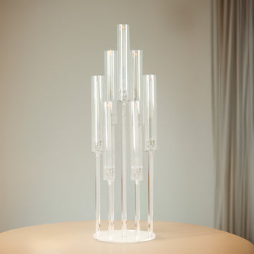 7 Arm Clear Acrylic Cluster Round Pillar Candle Stick Stand, 33" Tall Taper Candle Holder Candelabra With Circular Base