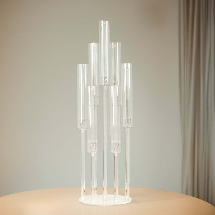 7 Arm Clear Acrylic Cluster Round Pillar Candle Stick Stand, 33inch Candelabra