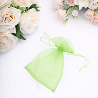 Green organza gift bag on a white background.