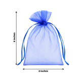 Blue organza gift bag, 6 inches tall and 4 inches wide, with drawstring closure.