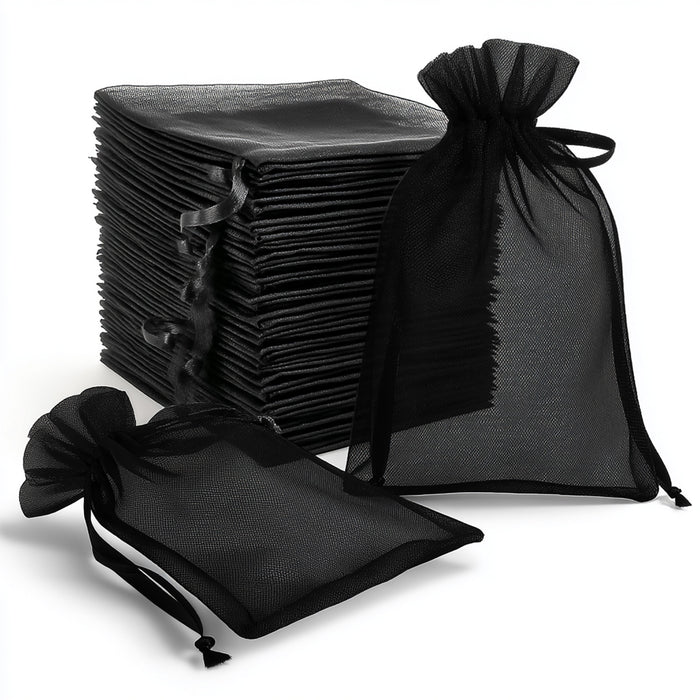 Black organza gift bags with drawstrings, set of multiple sizes.
