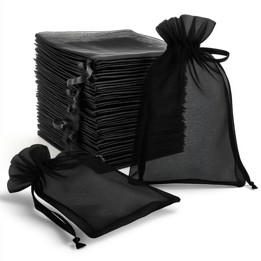 Black organza gift bags with drawstrings, set of multiple sizes.