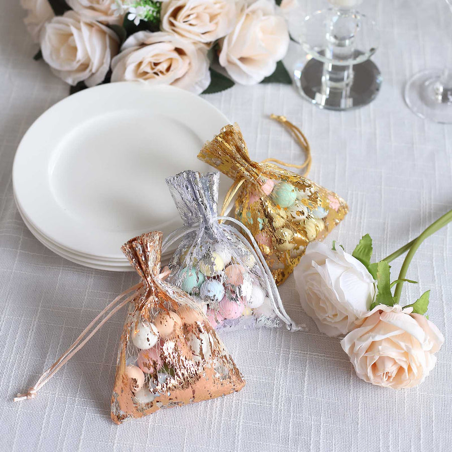 12 Pack Metallic Rose Gold Polyester Drawstring Candy Bags, Wedding Party Favor Bags