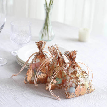 12 Pack Metallic Rose Gold Foil Polyester Drawstring Candy Bags, Wedding Party Favor Bags - 4"x5"