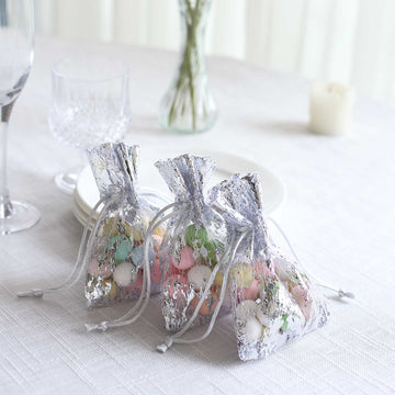 12 Pack Metallic Silver Foil Polyester Drawstring Candy Bags, Wedding Party Favor Bags - 4"x5"