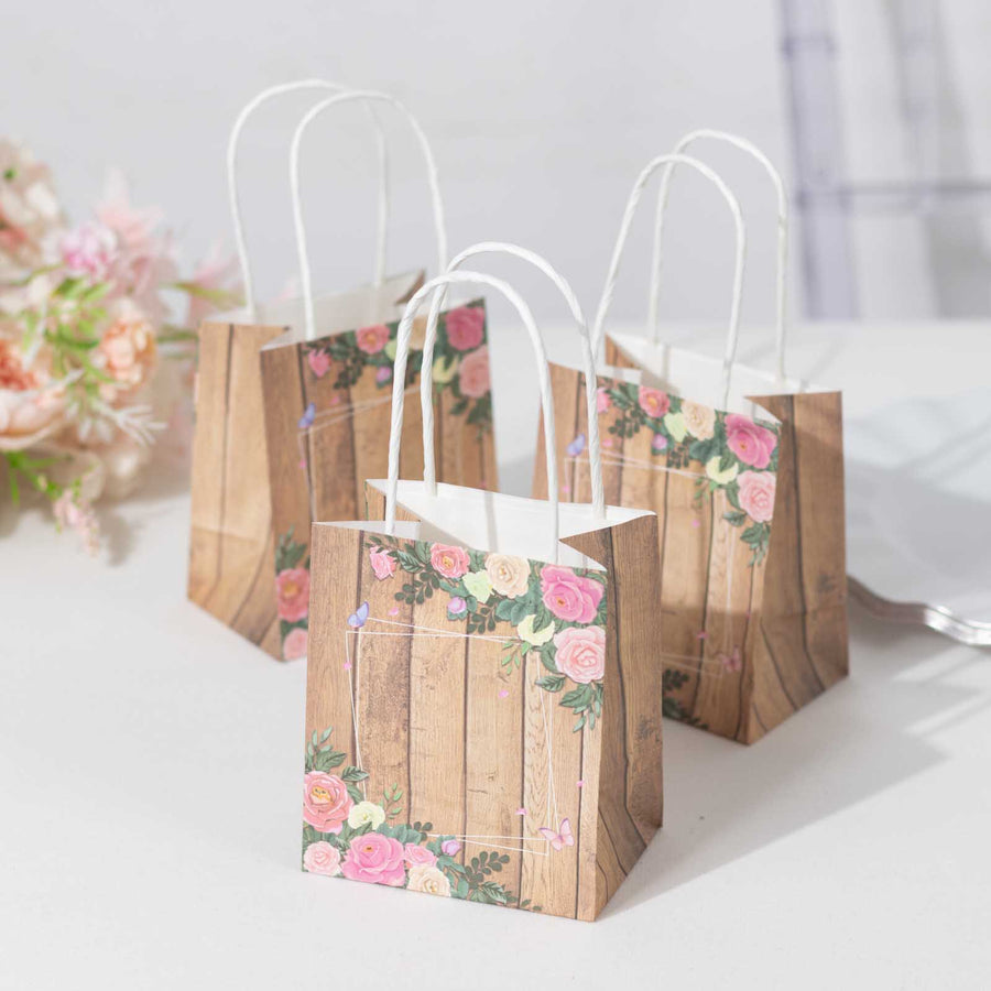 12 Pack Natural Wood Print Paper Party Favor Bags with Rose Floral Accent, Small Gift Goodie Bags