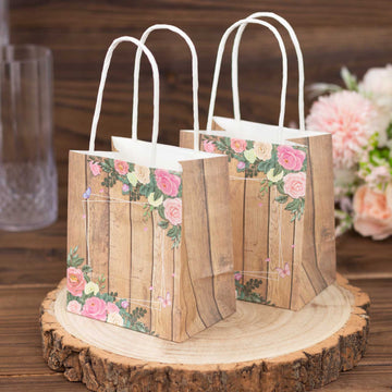 12 Pack Natural Wood Print Paper Party Favor Bags with Rose Floral Accent, Small Gift Goodie Bags With Handles - 4"x5"