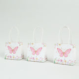 12 Pack Pink Glitter Butterfly Paper Favor Bags With Handles, Floral Print White Gift Bags
