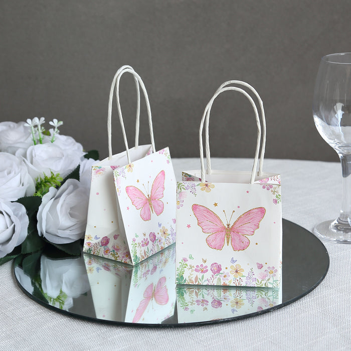12 Pack Pink Glitter Butterfly Paper Favor Bags With Handles, Floral Print White Gift Bags