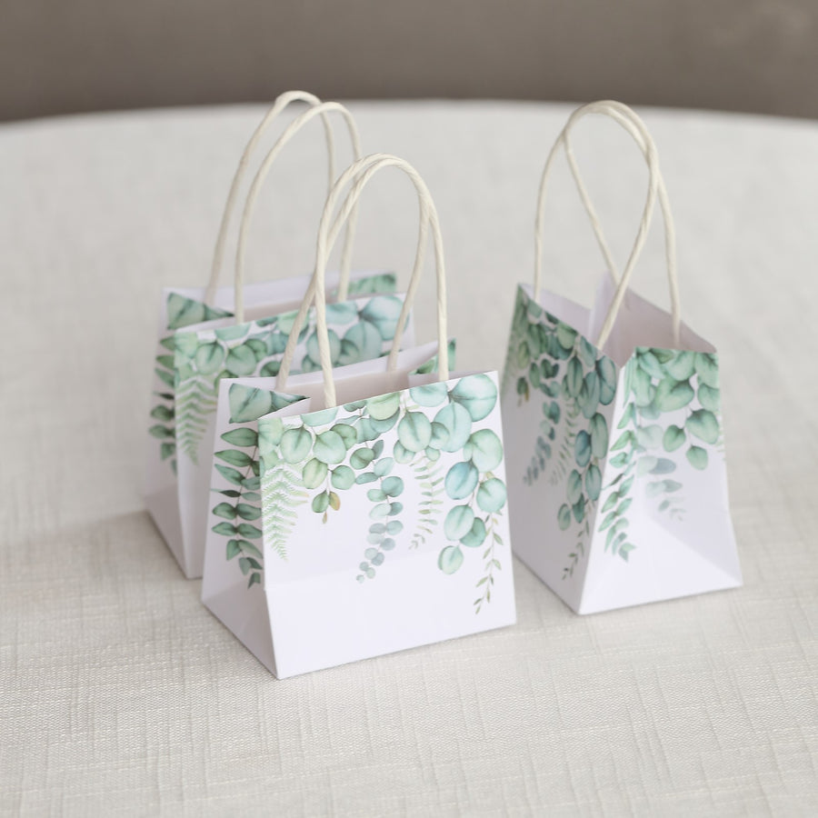 12 Pack White Green Eucalyptus Leaves Paper Party Favor Bags With Handles, Small Gift Goodie Bags