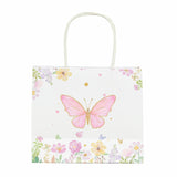 12 Pack Pink Glitter Butterfly Paper Favor Bags With Handles, Floral Print White Goodie Gift#whtbkgd