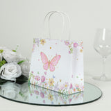 12 Pack Pink Glitter Butterfly Paper Favor Bags With Handles, Floral Print White Goodie Gift Bags