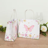 12 Pack Pink Glitter Butterfly Paper Favor Bags With Handles, Floral Print White Goodie Gift Bags