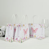 12 Pack Pink Glitter Butterfly Paper Favor Bags With Handles, Floral Print White Goodie Gift Bags