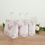 12 Pack Pink Glitter Butterfly Paper Favor Bags With Handles, Floral Print White Goodie Gift Bags