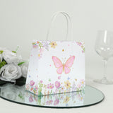 12 Pack Pink Glitter Butterfly Paper Favor Bags With Handles, Floral Print White Goodie Gift Bags