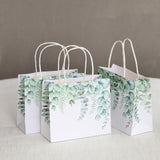 12 Pack White Green Eucalyptus Leaves Paper Party Favor Bags With Handles, Gift Goodie Bags - 6inch