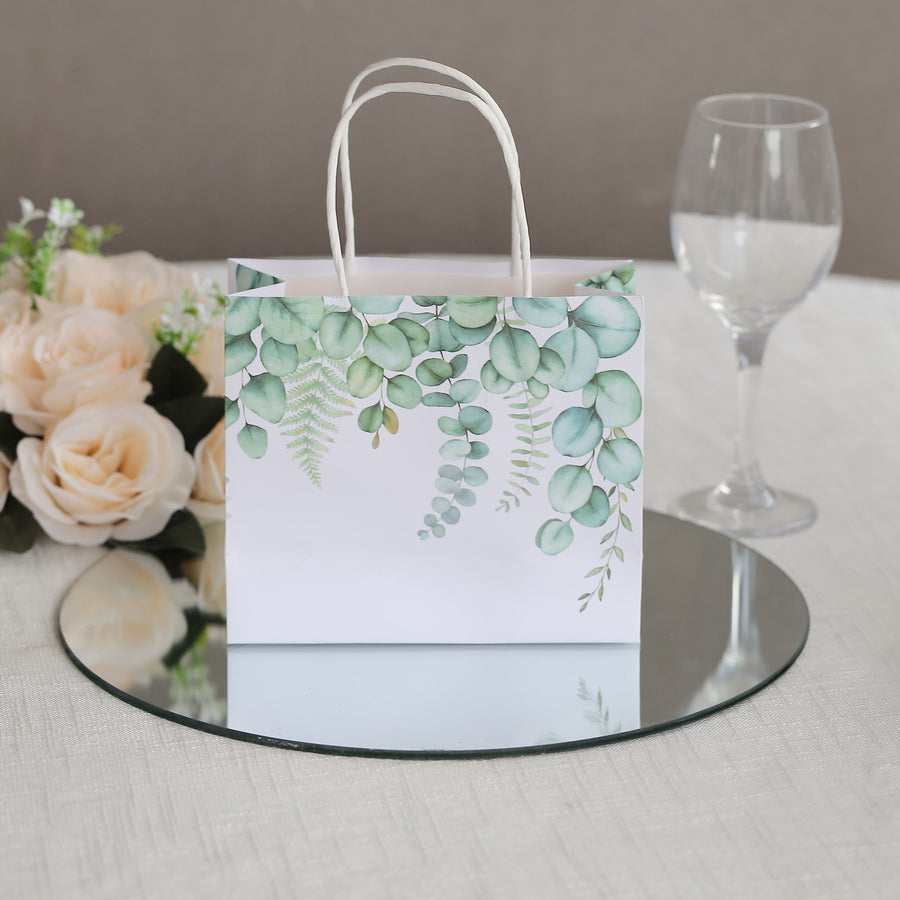 12 Pack White Green Eucalyptus Leaves Paper Party Favor Bags With Handles, Gift Goodie Bags - 6inch