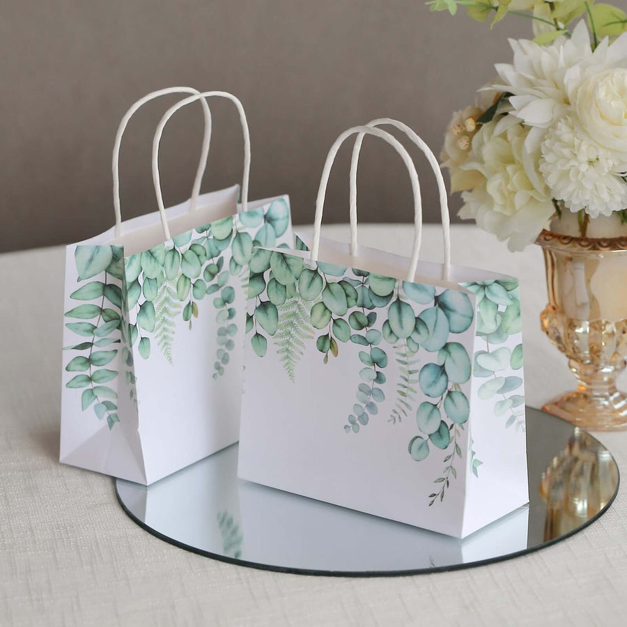 12 Pack White Green Eucalyptus Leaves Paper Party Favor Bags With Handles, Gift Goodie Bags - 6inch