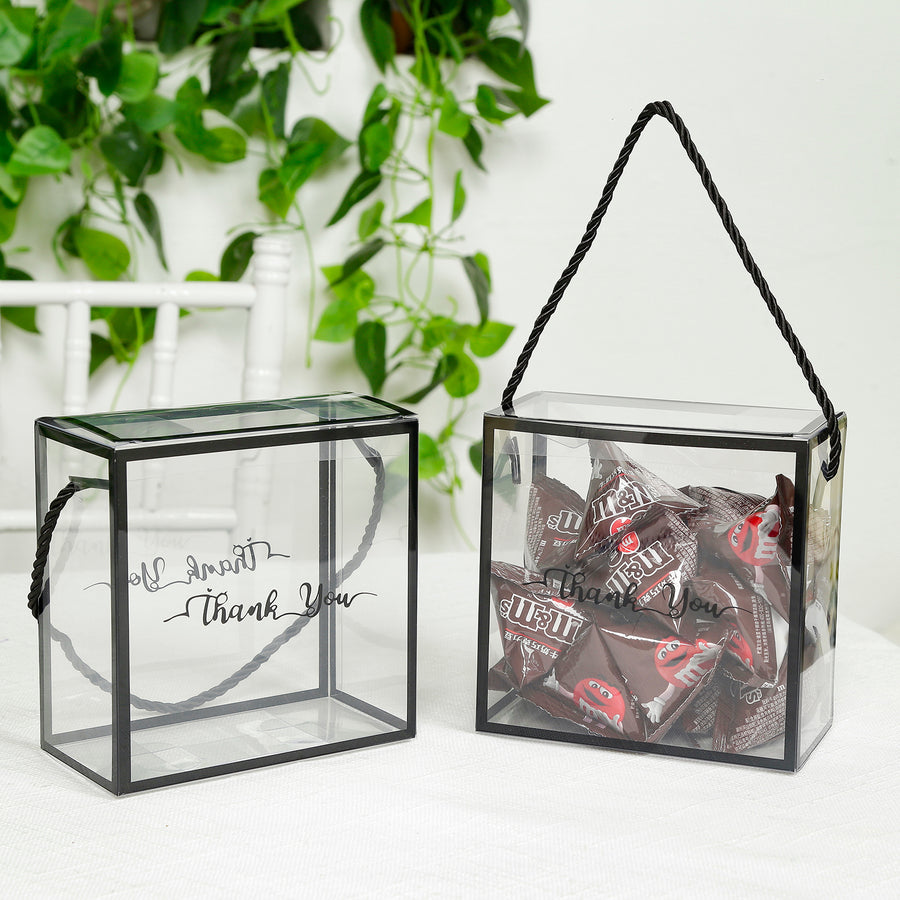 Clear gift boxes with "Thank You" message, filled with candy treats.