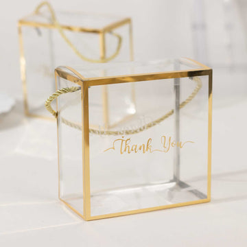 25 Pack Gold Trimmed Clear PVC Gift Boxes with Rope Handles and Thank You Print, Transparent Portable Candy Favor Boxes - 5.5"x5.5"